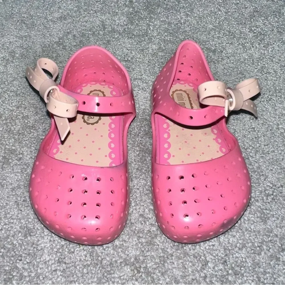 21 Mini Melissa Furadinah Pink Jelly PVC Perforated Mary Jane Flat Bow Sandals